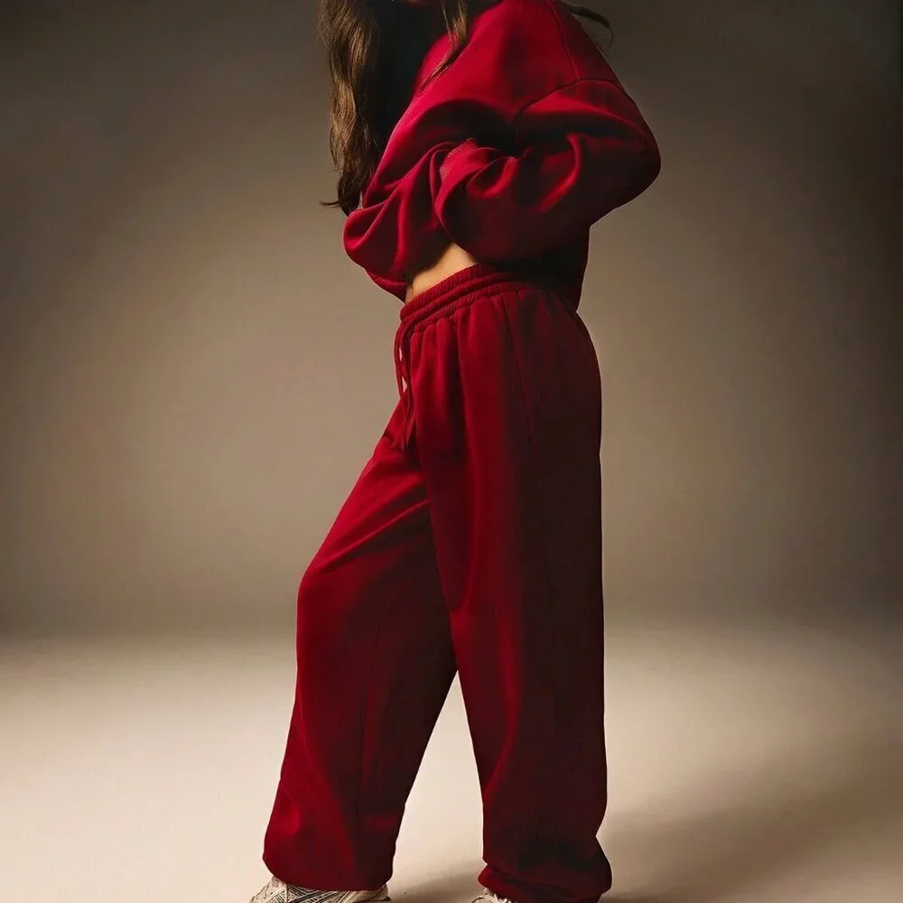 Burgundy Casual Women's Crew Neck Long Sleeve Top & Drawstring Pants Sports Set - Picture 1 of 7